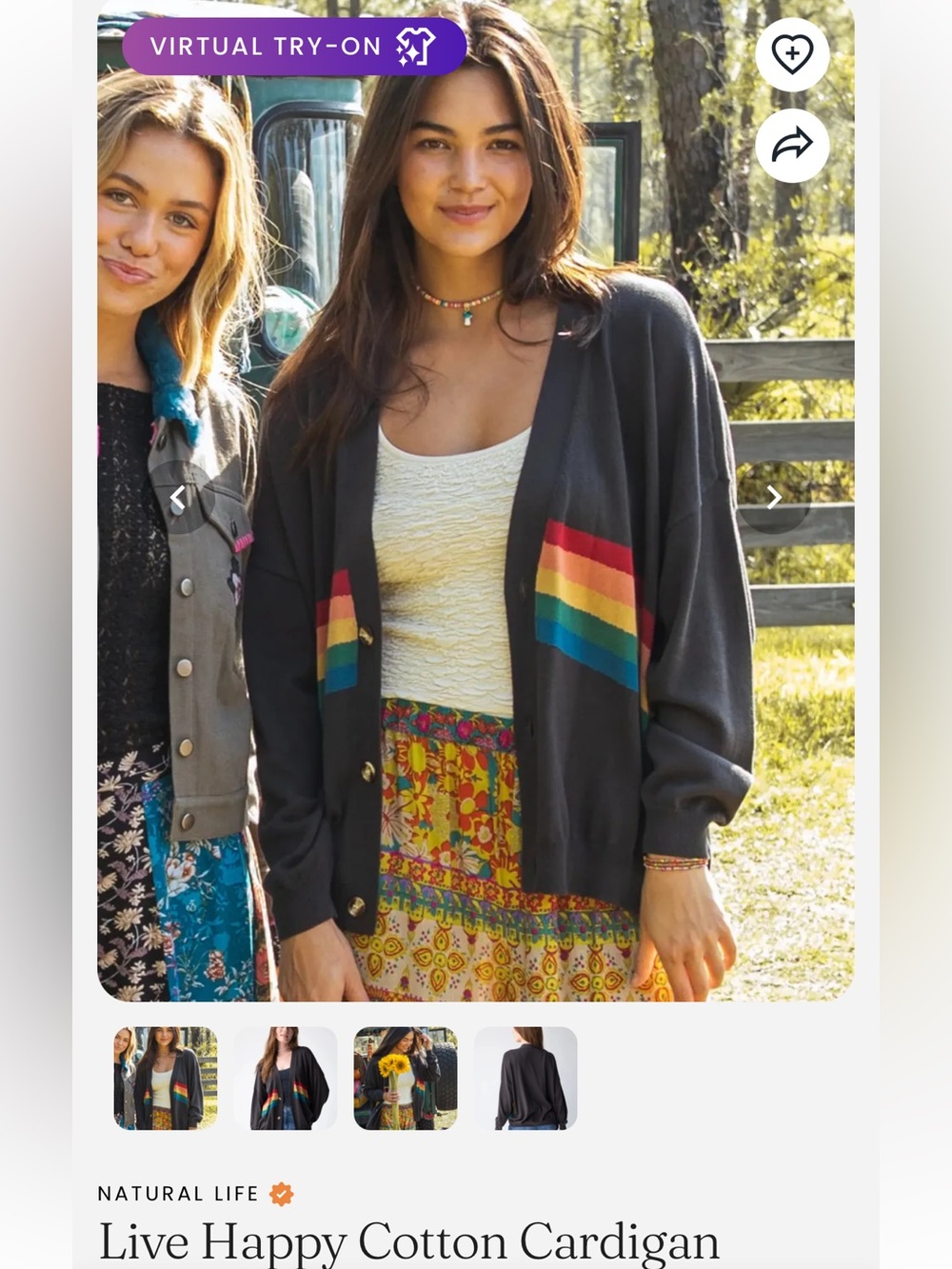 NATURAL LIFE Live Happy Cardigan Sweater Cardigan Rainbow Bands Charcoal Cotton - Picture 5 of 15